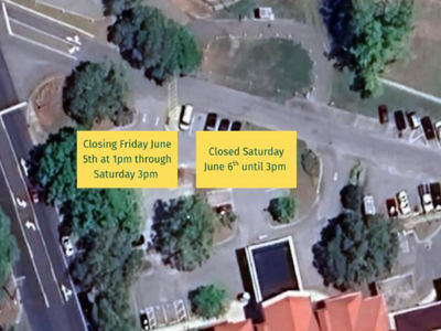 An aerial view of the Dosher front parking lot illustrates the closures planned for June 5th and 6th, with the west side of the lost closing at 1:00 pm on Friday and the entire lot closing for the Cookout on Saturday.An aerial view of the Dosher front parking lot illustrates the closures planned for June 5th and 6th, with the west side of the lost closing at 1:00 pm on Friday and the entire lot closing for the Cookout on Saturday.